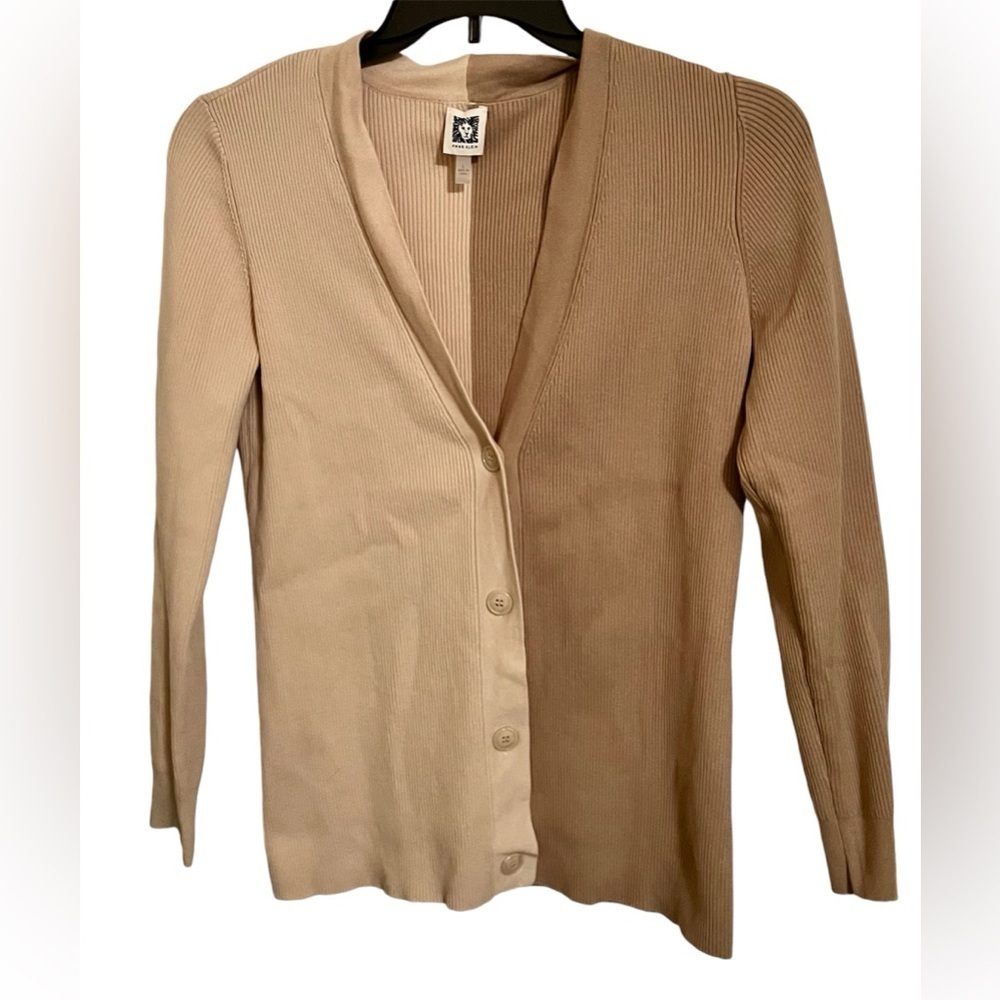 Anne Klein Womens Colorblock Ribbed V-Neck Cardigan Sweater
